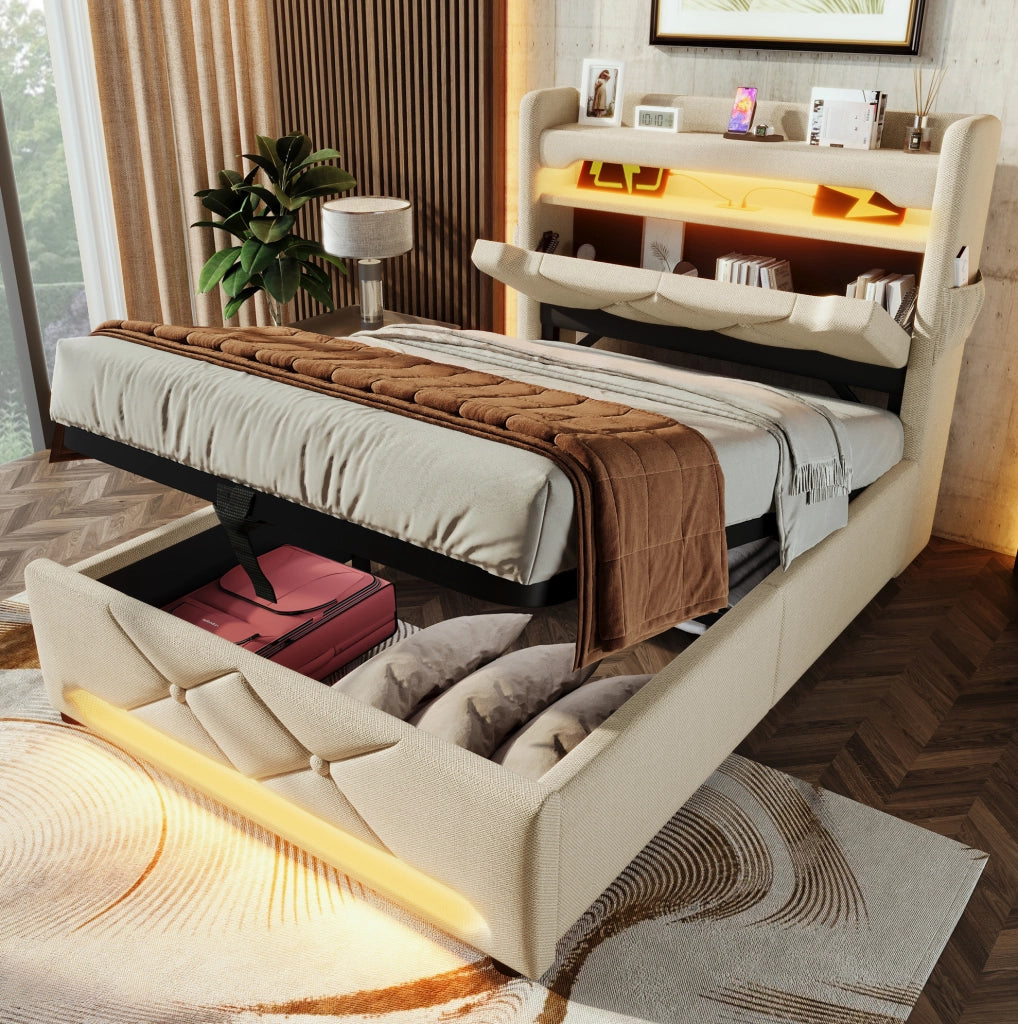 Letto singolo imbottito ULEVR 90x200 cm con contenitore idraulico, LED 360¡ã, USB e Type-C, beige
