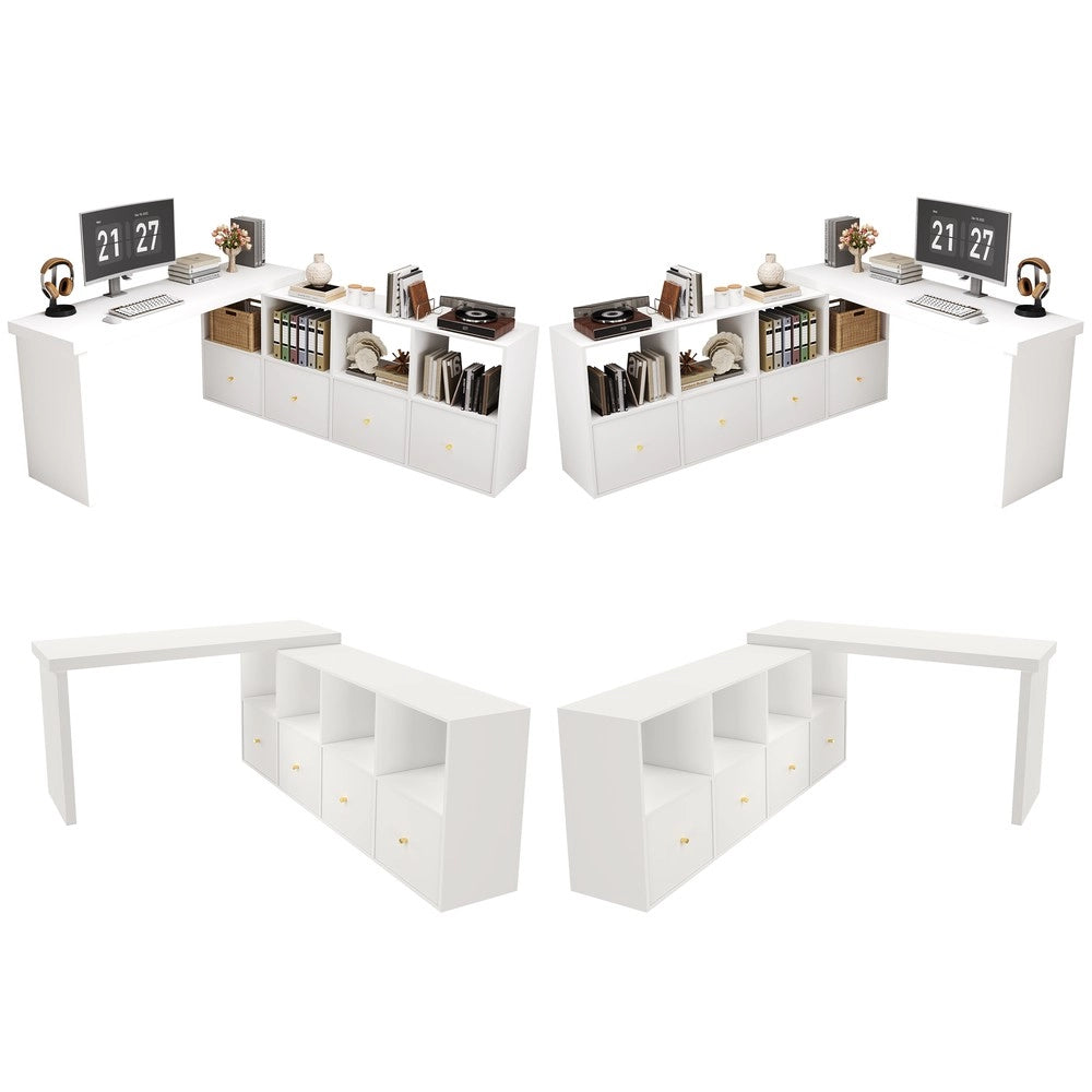Scrivania angolare regolabile - Zephmum- Tavolo 360¡ã girevole, L o diritto, MDF, 4 scomparti, 4 cassetti, bianco