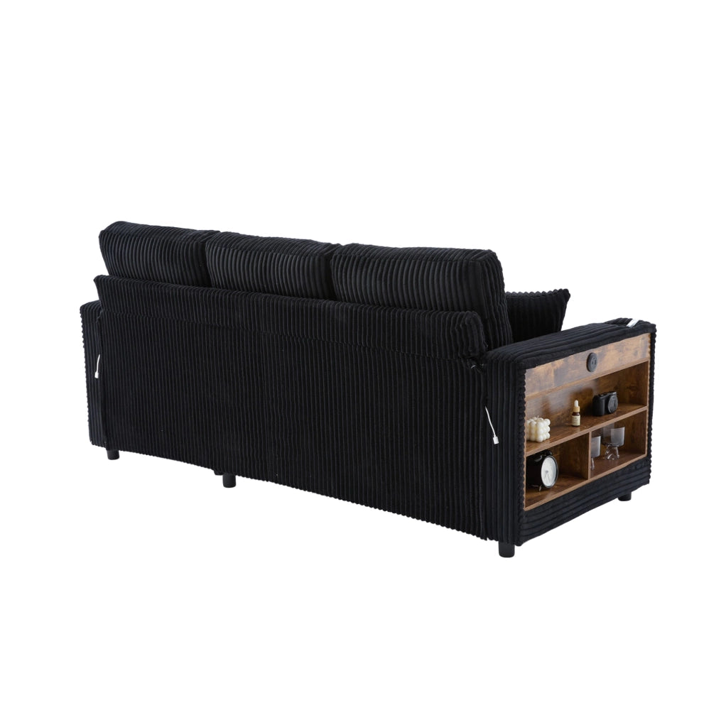 Divano letto con contenitore e USB-C 196x82-144x85 cm in corduroy nero con LED