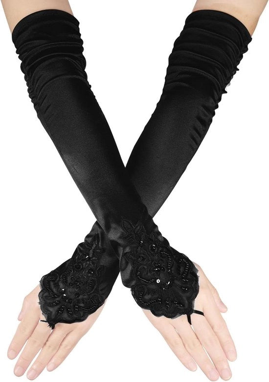 Manopole senza dita, conavamano in satin, per matrimonio, teatino, mascherata - Nero