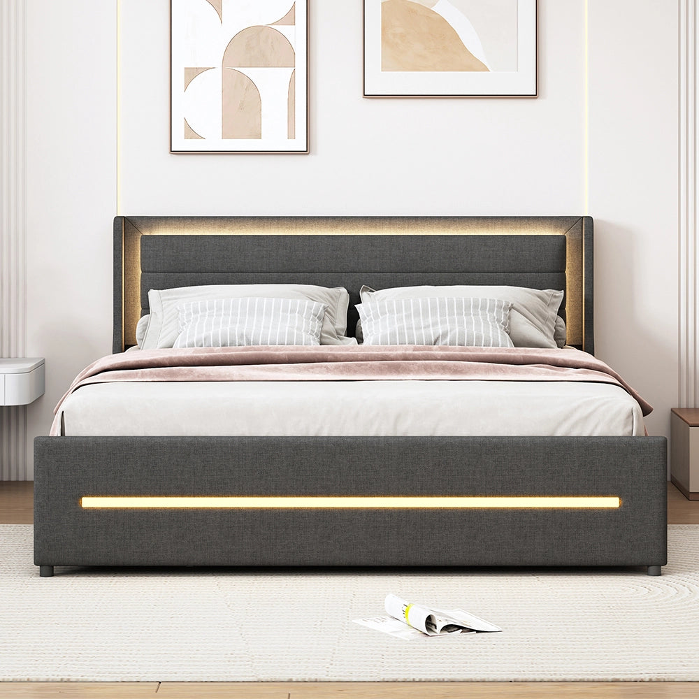 Letto imbottito con LED colorati - Xylo - 160x200 cm - Grigio - Con 4 cassetti