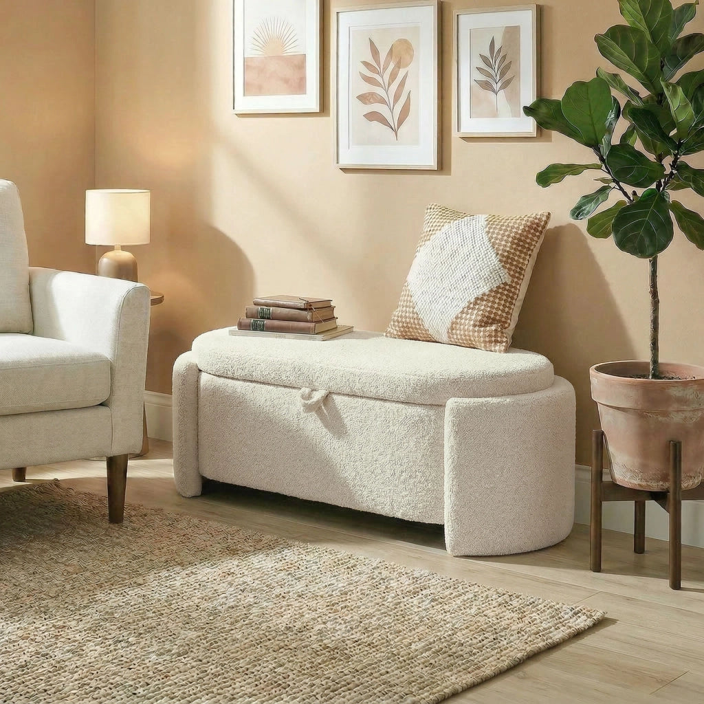Pouf contenitore ovale imbottito in tessuto ¨C zephmum ¨C crema 129x48.5x44 cm