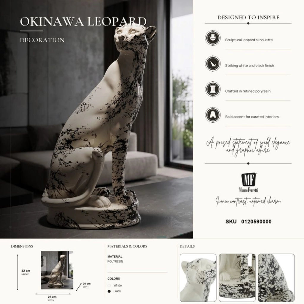 Scultura leopardo in poliresina bianco e nero