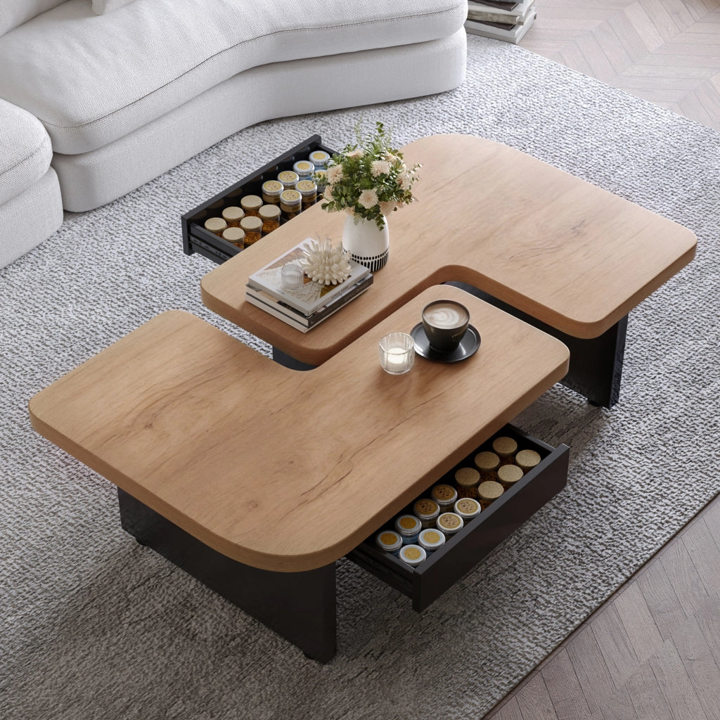 Tavolini da Salotto Impilabili con 2 Cassetti; LED e Piedini Regolabili; Stile Moderno; in MDF; Naturale e Nero