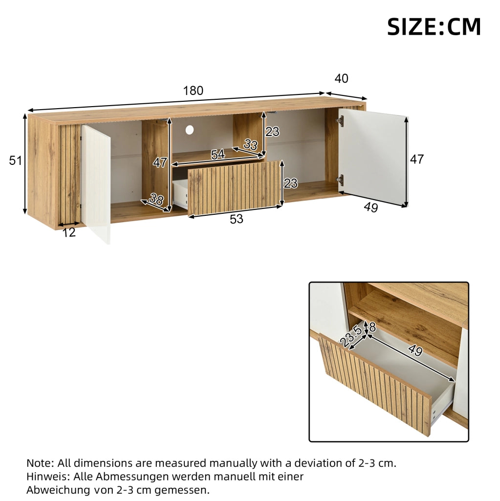 Mobile TV con LED; 2 ante; 1 cassetto; 180x40x51 cm; bianco e naturale