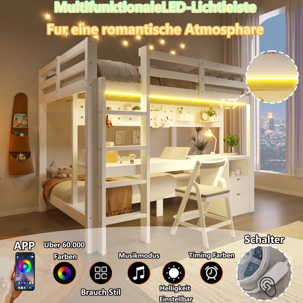 Letto a soppalco in pino con scrivania, cassetti e LED, 90/140x200 cm