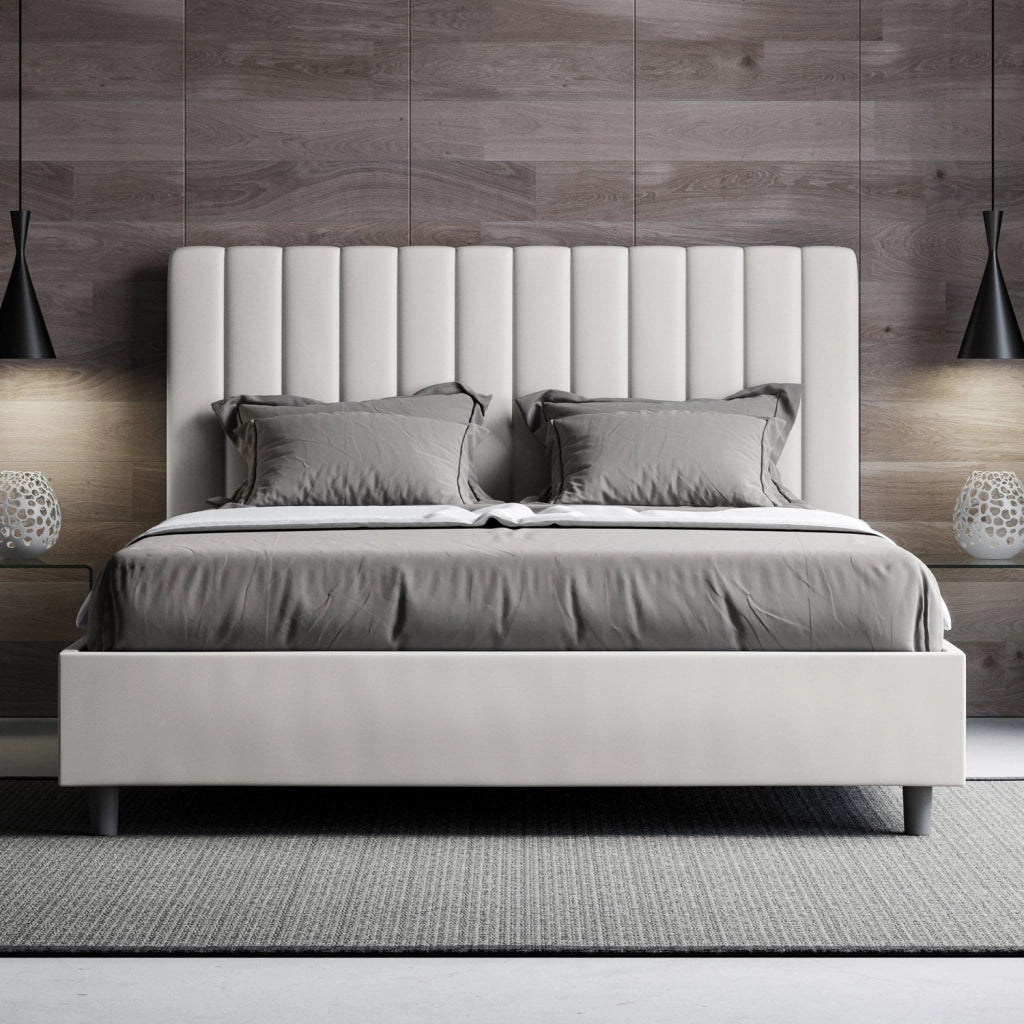 Letto matrimoniale francese senza rete imbottito 140x210 similpelle cappuccino Agueda