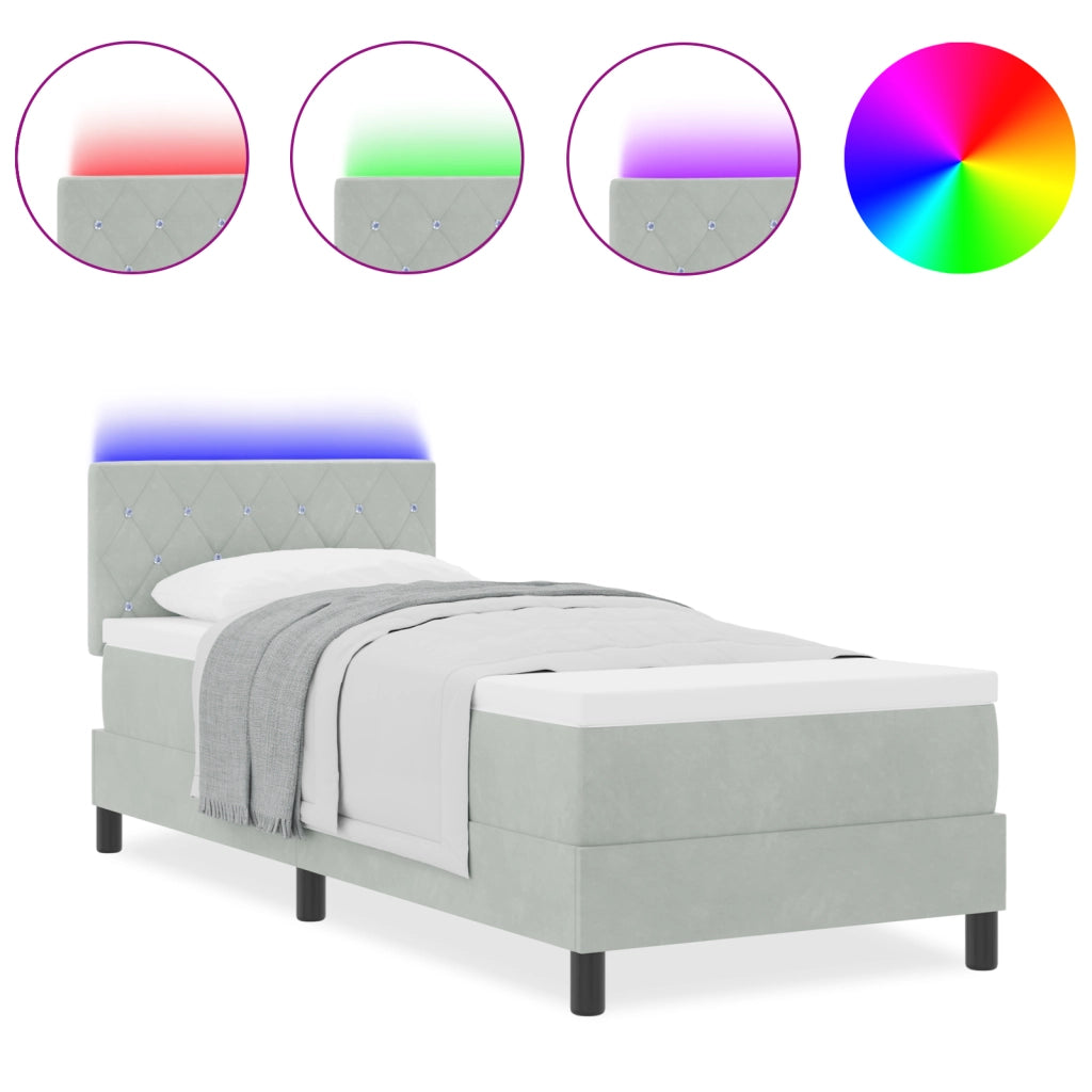 Letto a molle con materasso e luce LED Grigio chiaro 80x200 cm Velluto