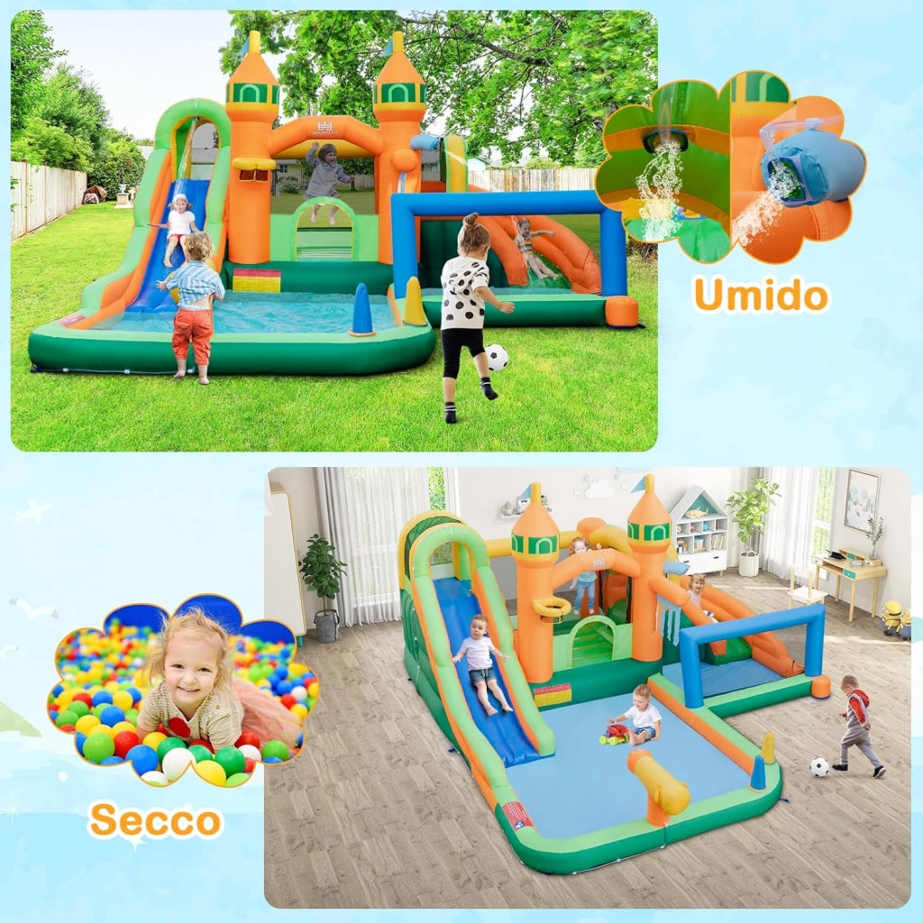 Castello Gonfiabile per bambini, Casa Gonfiabile con Scivolo, Area per Saltare, Piscina, con Borsa di Trasporto e Kit di Riparazione, per Bambini di 3-12 Anni (Senza Soffiatore)