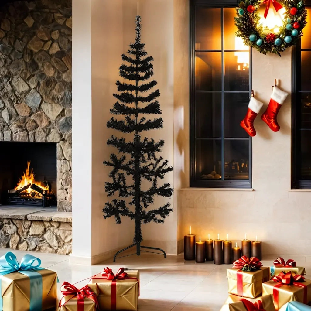 Albero Natale Artificiale Sottile a Met¨¤ e Supporto-Albero Natalizio Nero 180 cm
