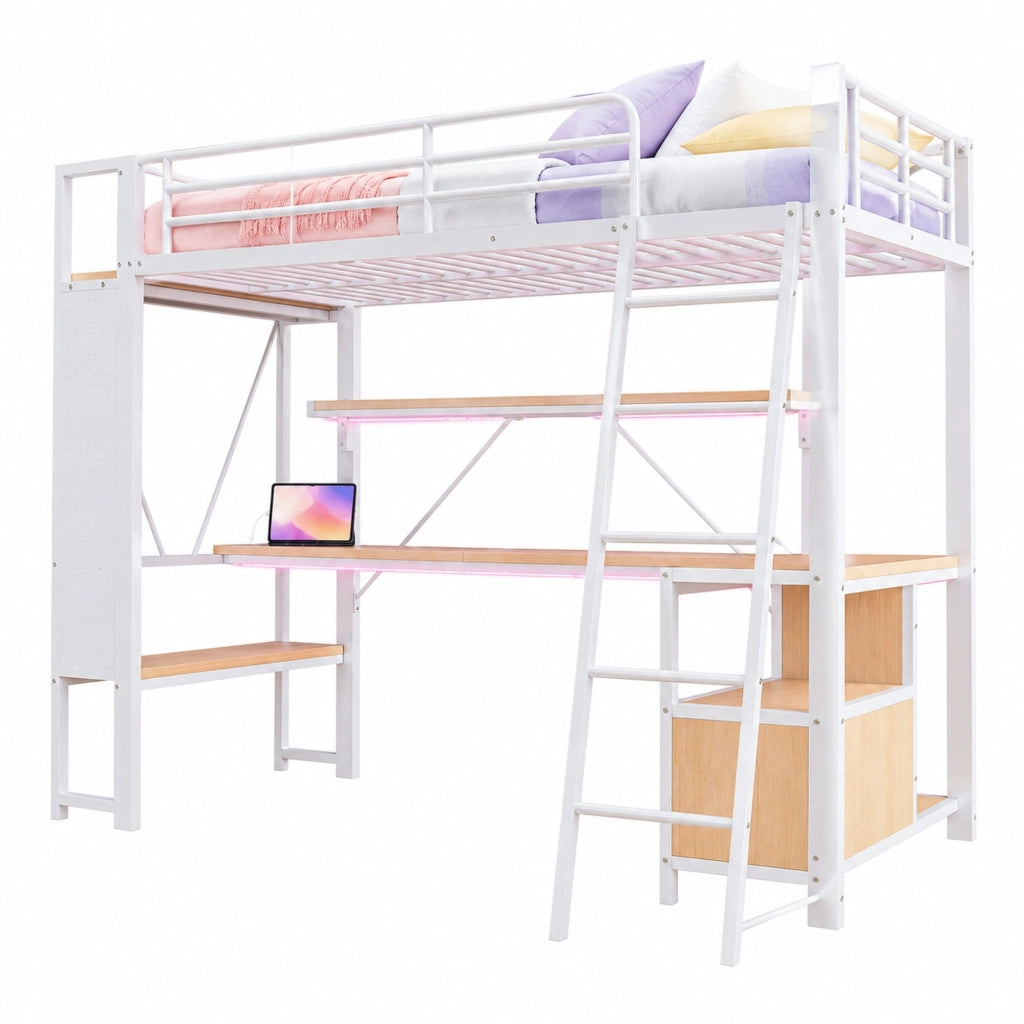 Letto a soppalco 90x200 cm con scrivania, LED e spazi contenitivi