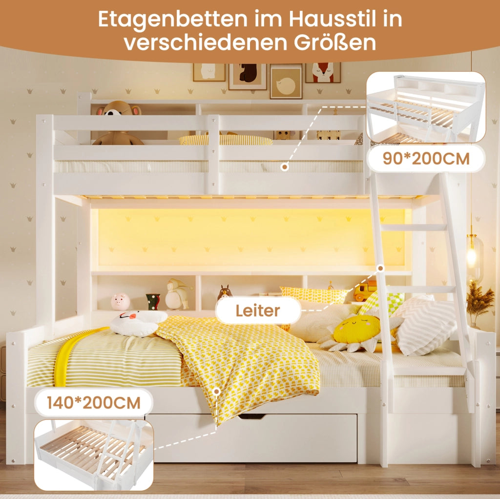 Letto a castello bianco 90x200/140x200 cm con LED e cassetto