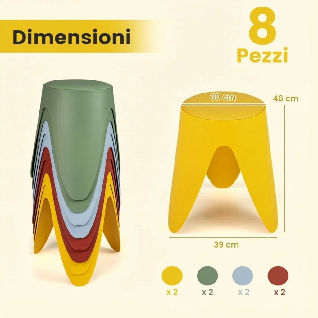 Set da 8 Sgabelli Impilabili, Sgabelli in Plastica Altezza 46 cm, Sedie Senza Schienale Portatili per Scuola, Aula, Soggiorno, Sala da Pranzo, Casa e Ufficio e Senza Montaggio