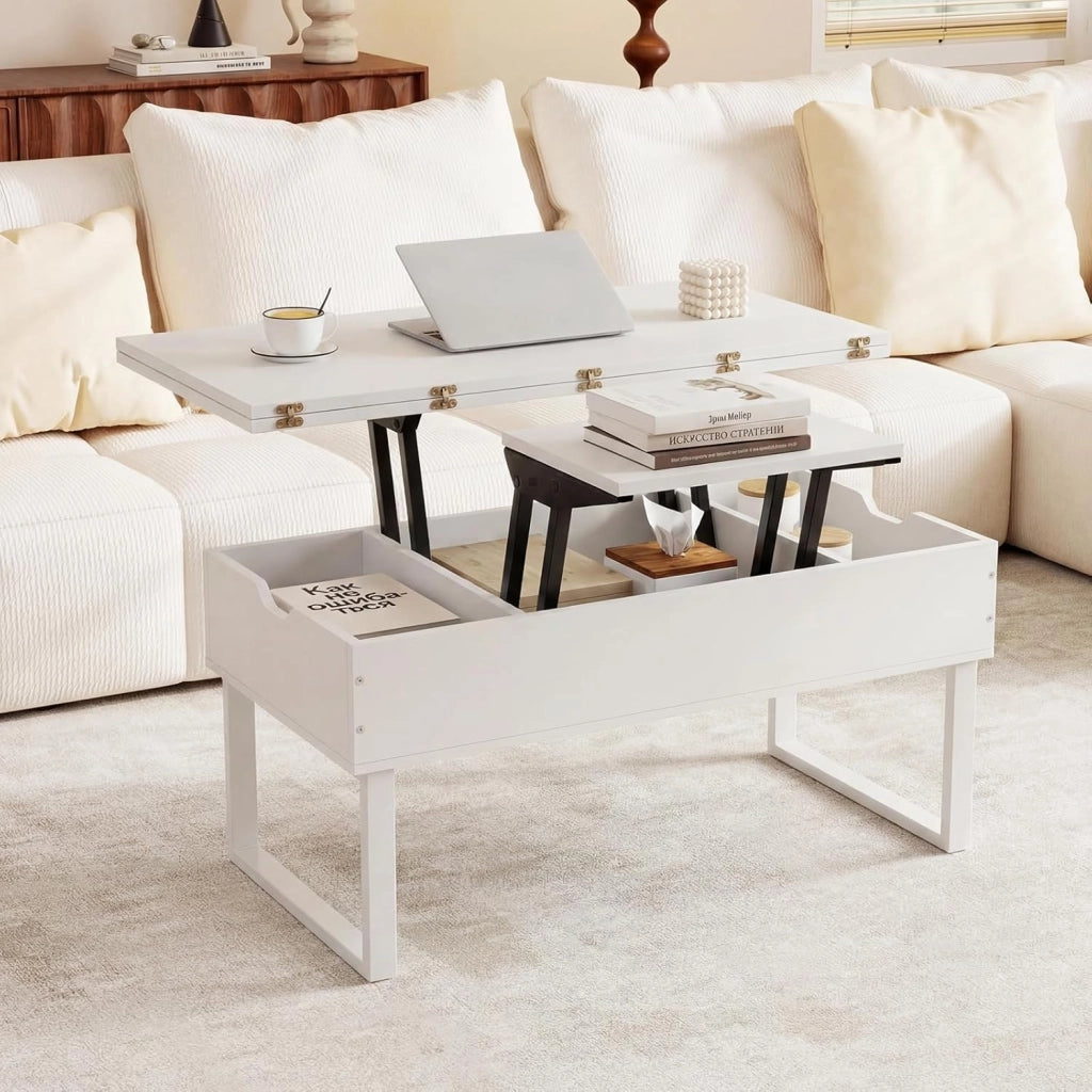 Tavolino da Caffè 3 in 1 con Piano Sollevabile, Tavolo Ausiliario Estensibile con Scomparti Nascosti, Gambe in Metallo, Tavolino Multifunzionale in Legno per Soggiorno e Sala da Pranzo (Bianco)