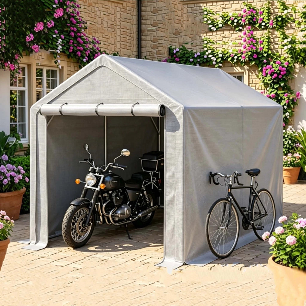Casetta da giardino per biciclette e attrezzi con porta avvolgibile in metallo grigio scuro 296 × 190 × 200 cm