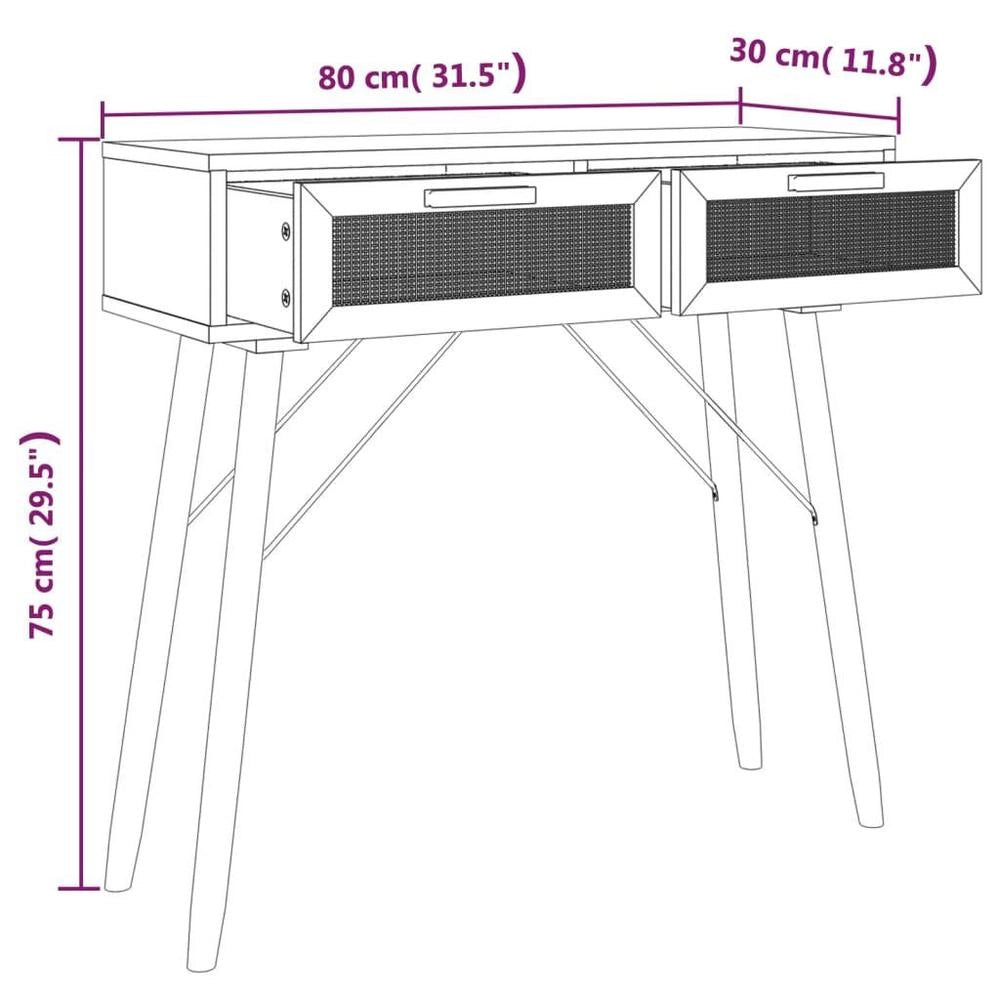 Console Table, White, 80x30x75 Cm, Solid Pine Wood, Natural Rattan