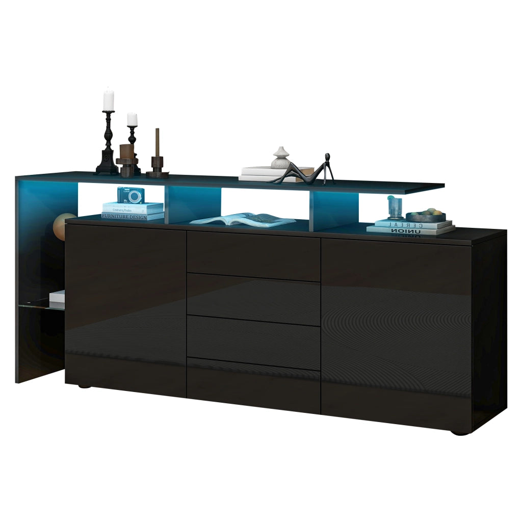 Credenza con 2 Ante; 4 Cassetti; 2 Vani a Giorno e LED; Controllo tramite App; Nero; 160¡Á35¡Á70 cm