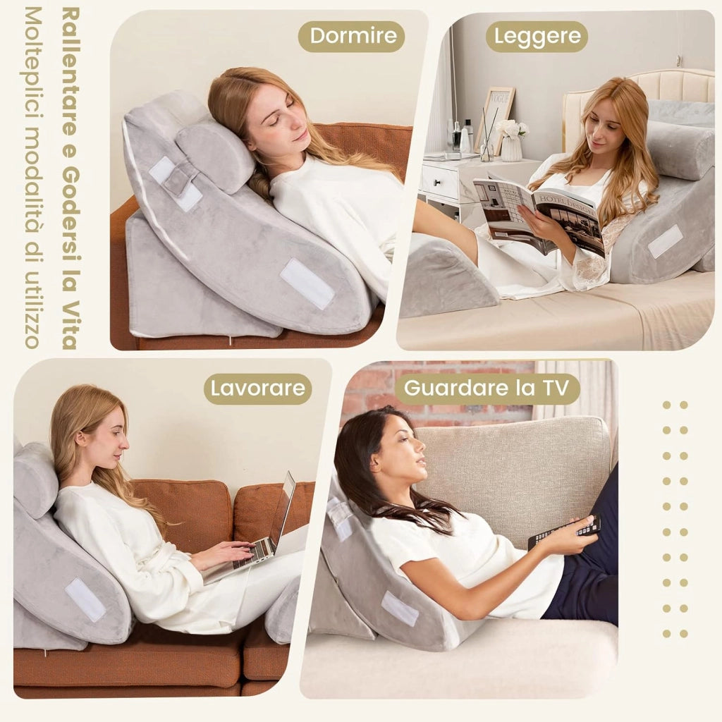 Set di 4/6 Cuscini Regolabili a Cuneo, Cuscino a Cuneo per Letto in Memory Foam, per Alleviare il Dolore alla Schiena Collo e alle Gambe, Poggiatesta Rimovibile, Grigio (4 Pezzi)