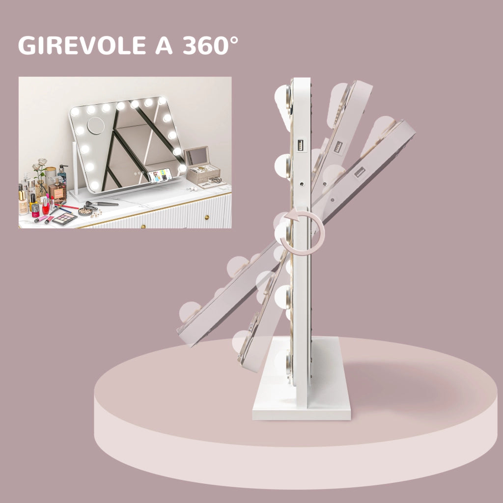 Specchio da Tavolo in Vetro con 14 Luci LED Regolabili e Ricarica USB 62,5x14x49,5 cm  per Trucco Make up Bianco