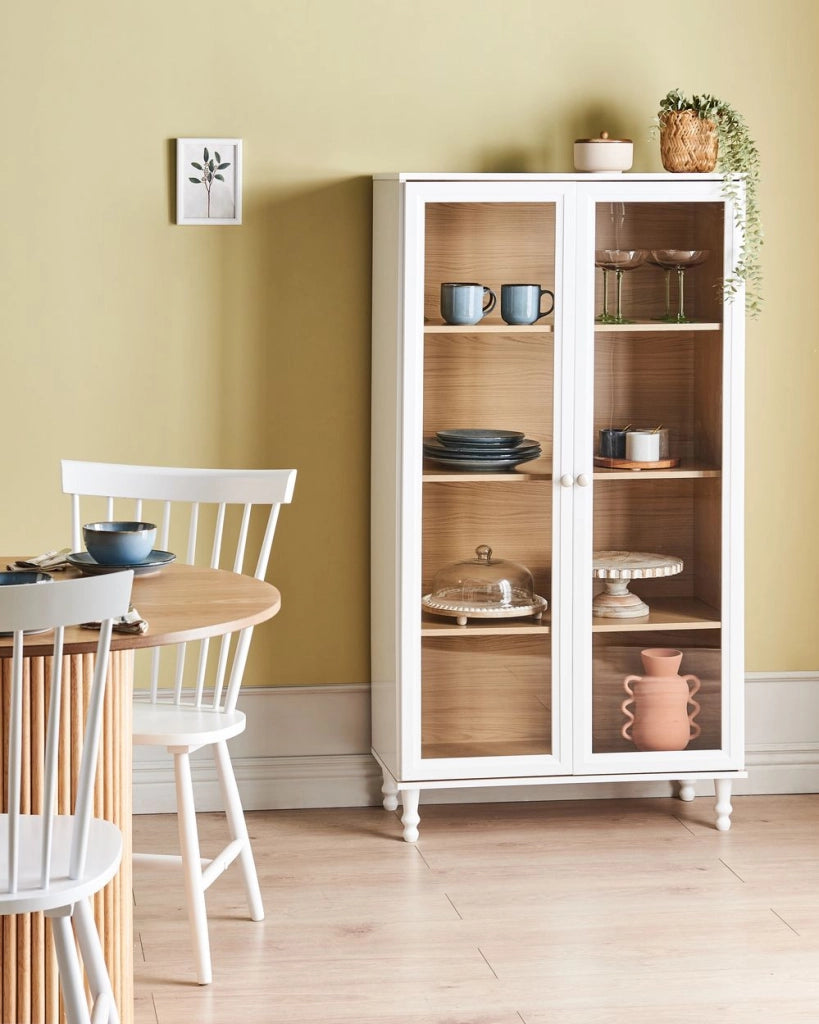 Mobile decorativo 80 cm bianco con legno chiaro in legno ingegnerizzato con display in vetro Classico scandinavo a ripiani alti Sala da pranzo Soggiorno