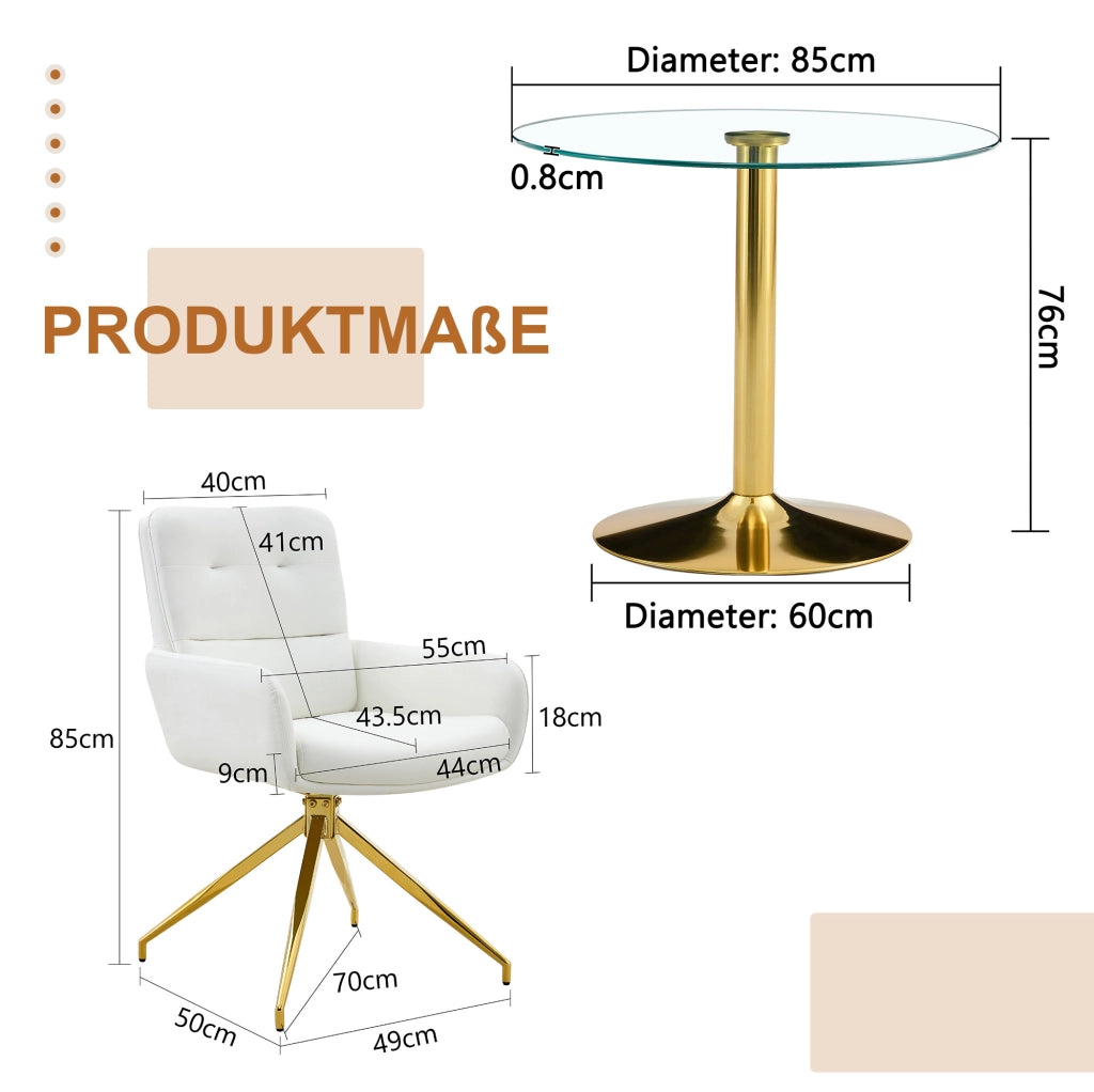 Set tavolo rotondo in vetro e 2 sedie girevoli bianco oro