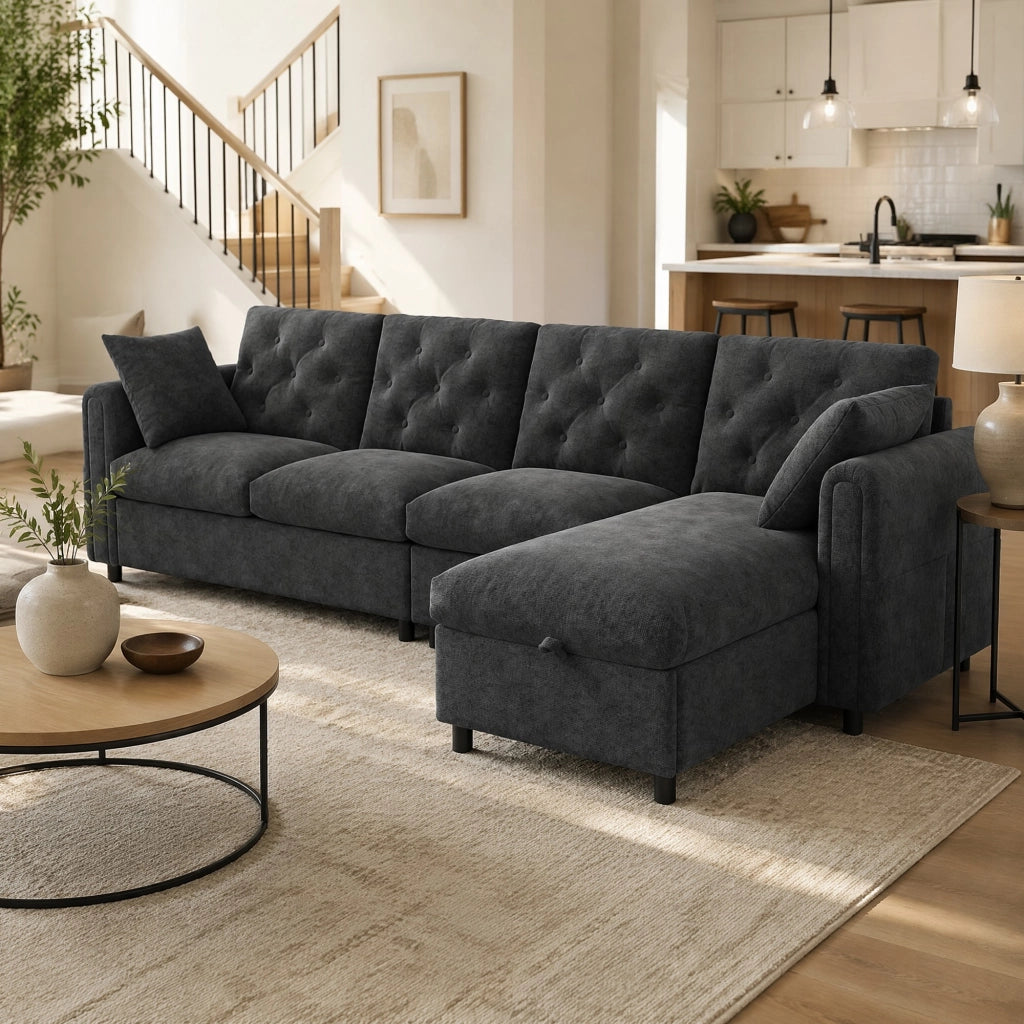 Divano angolare convertibile con vano contenitore e tasche laterali, in Velluto Grigio 281 × 132 × 86 cm