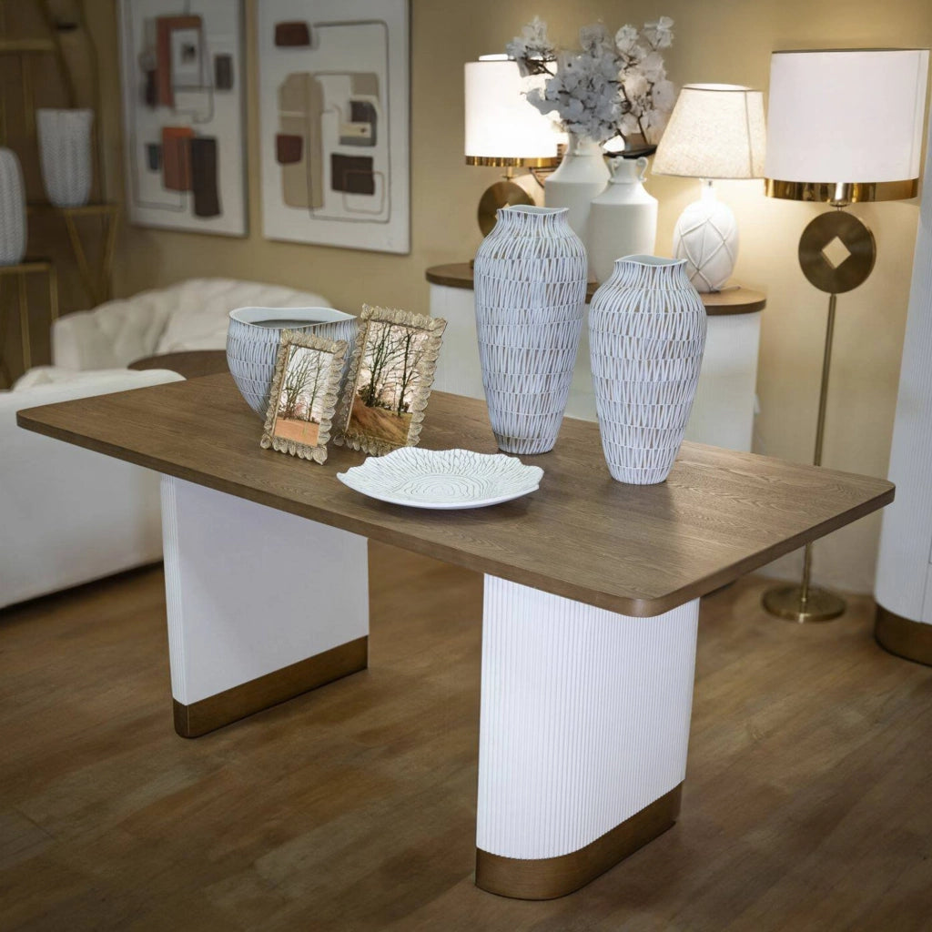 Tavolo fisso Brian, Ripiano da cucina, Consolle per sala da pranzo, Ripiano rettangolare fisso, 180x90 h76 cm, Bianco e Marrone