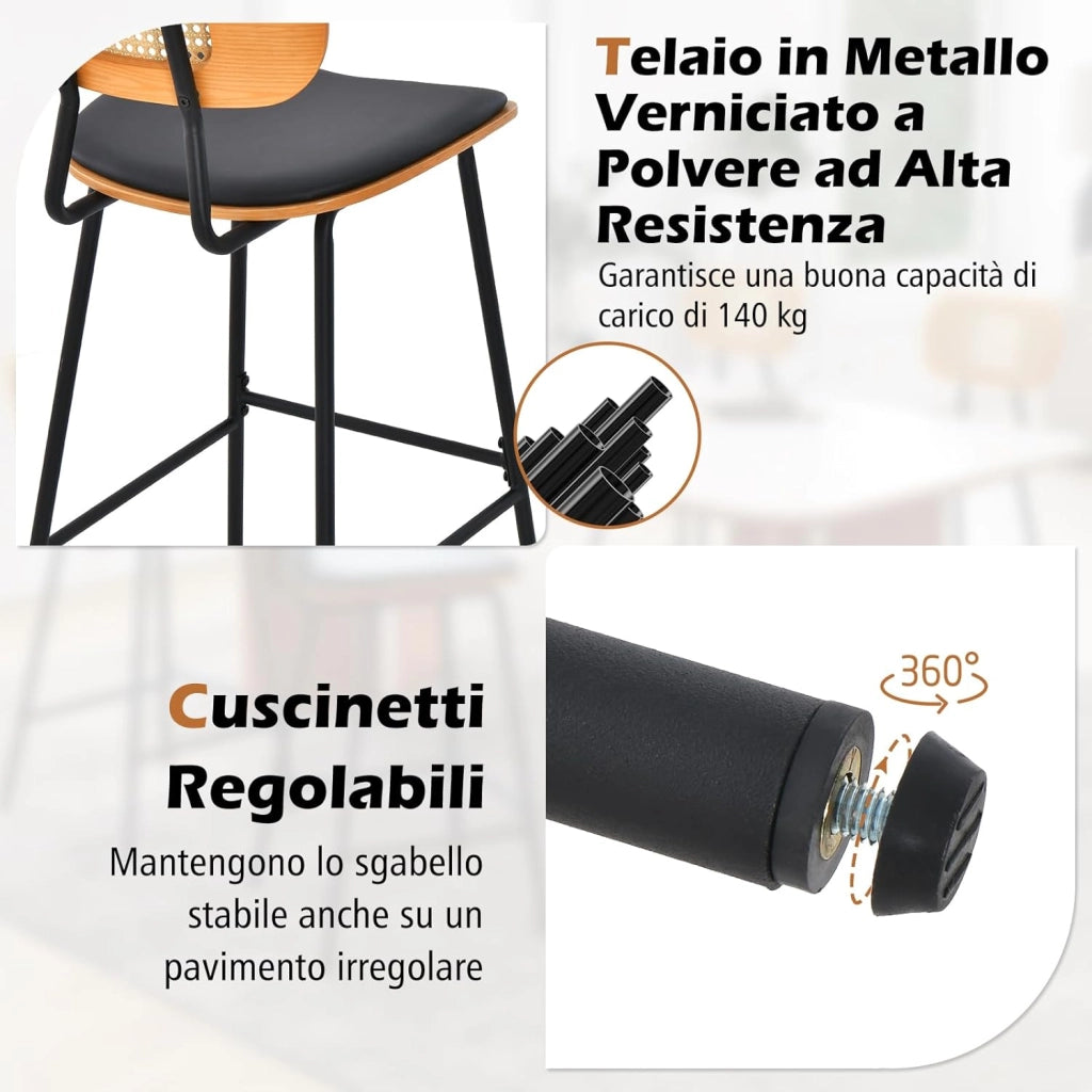Set di 2 Sgabelli da Bar in Rattan, Sgabelli da Bar con Gambe in Metallo e Schienale in Rattan, Set di 2 Sedie da Bar con Cuscinetti Regolabili, per Cucina, Soggiorno, Bar