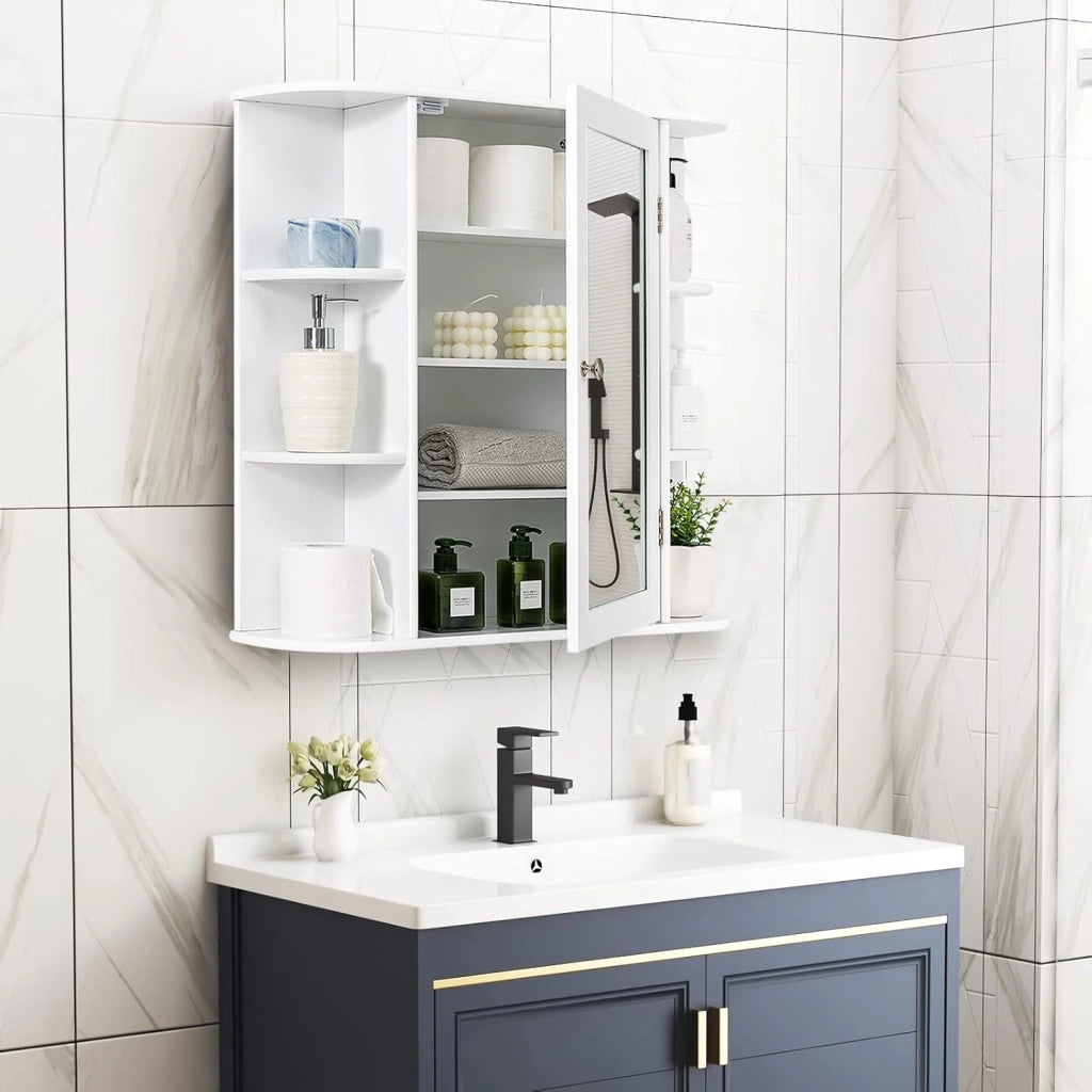 Armadietto Bagno a Parete, Mobiletto Pensile con Ante di Specchio, 6 Scomparti Laterali e 4 Ripiani di Stoccaggio, 3 Colori Disponibili, 66x16,5x63cm (Bianco)
