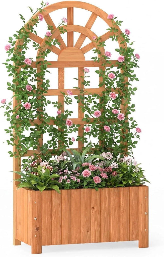 Letto da Giardino Rialzato in Legno con Traliccio, Fioriera da Esterno con Spalliera e Fori di Drenaggio, Aiuola Elevata per Piante Rampicanti, Fiori e Verdure (Naturale,61 x 30 x 121 cm)