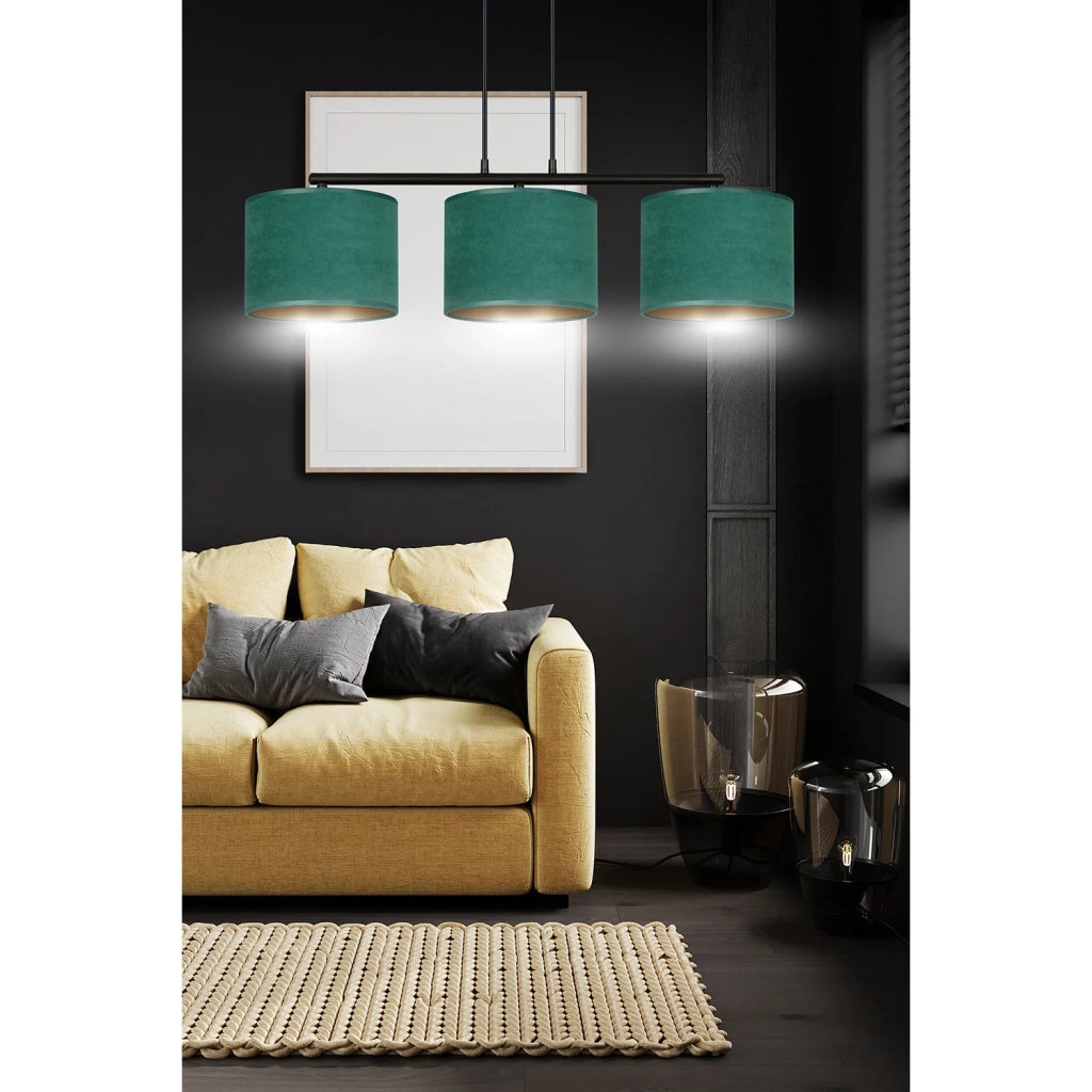 Lampadario 3 Luci Ganesha In Acciaio Nero E Paralumi In Tessuto Verde