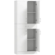 Credenza Cucina Alta con 2 Armadietti e un Cassetto Centrale, Ripiani Regolabili e 4 Ante Totali, Bianco