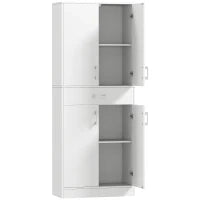 Credenza Cucina Alta con 2 Armadietti e un Cassetto Centrale, Ripiani Regolabili e 4 Ante Totali, Bianco