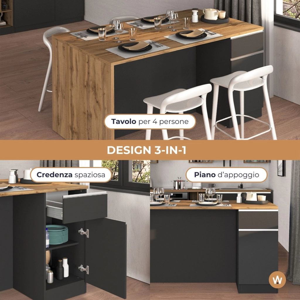 WHOUS Isola da cucina Sole a 2 ante e 2 cassetti antracite opaco/rovere 160x90x90 cm
