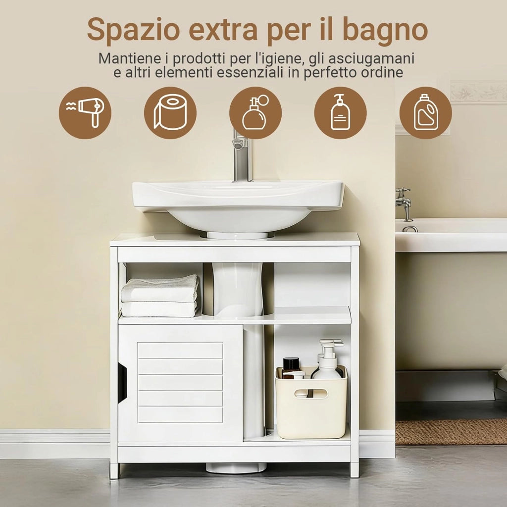 Mobiletto Bagno Salvaspazio - Armadio Salvaspazio 2 Ante Scorrevoli e Ripiano Aperto - Mobile Sottolavabo per Bagno Moderno Piccolo – Bianco, 60x30x60cm, FRG128-II-W