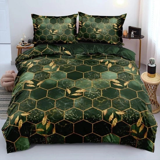 Set di lenzuola con look di marmo lussuoso e disegno geometrico moderno in verde e oro.