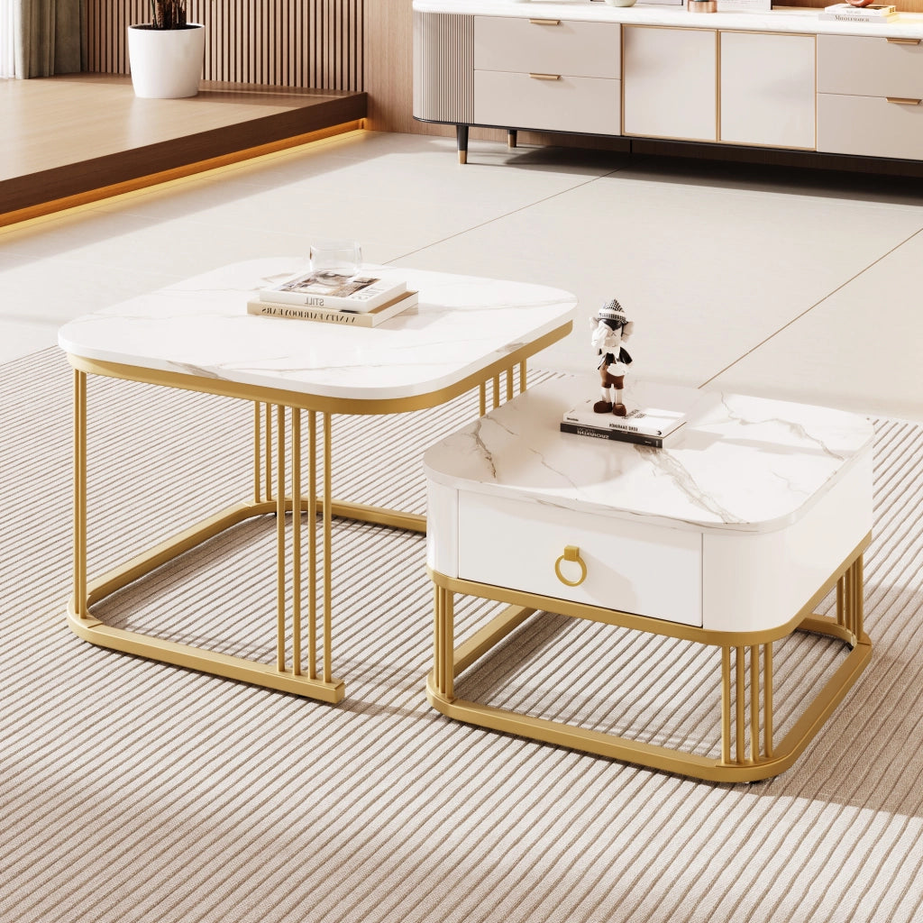 Tavolini da Caffè Nidificabili con 1 Cassetto; Effetto Marmo Lucido; Struttura in Metallo Dorato; Stile Moderno; in MDF; Bianco; 60×60×45+50×50×34 cm