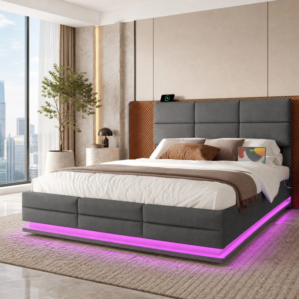 LETTO imbottito 140x200 cm in velluto grigio scuro con USB, LED e sollevamento idraulico