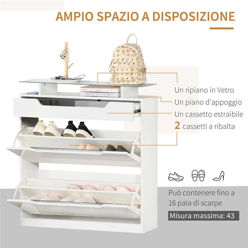 SCARPIERA MODERNA, 2 CASSETTI PER 16 SCARPE CON MENSOLA REGOLABILE E RIPIANO IN VETRO, 89X23X96CM, BIANCO LUCIDO
