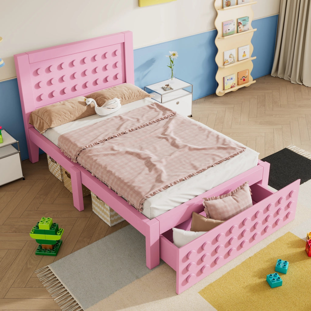 OKWISH Letto Bambini 90×200 cm, Letto Singolo con 1 Cassetto, Spazio contenitore sotto Letto e Bordi Smussati, senza Materasso, Legno, Rosa