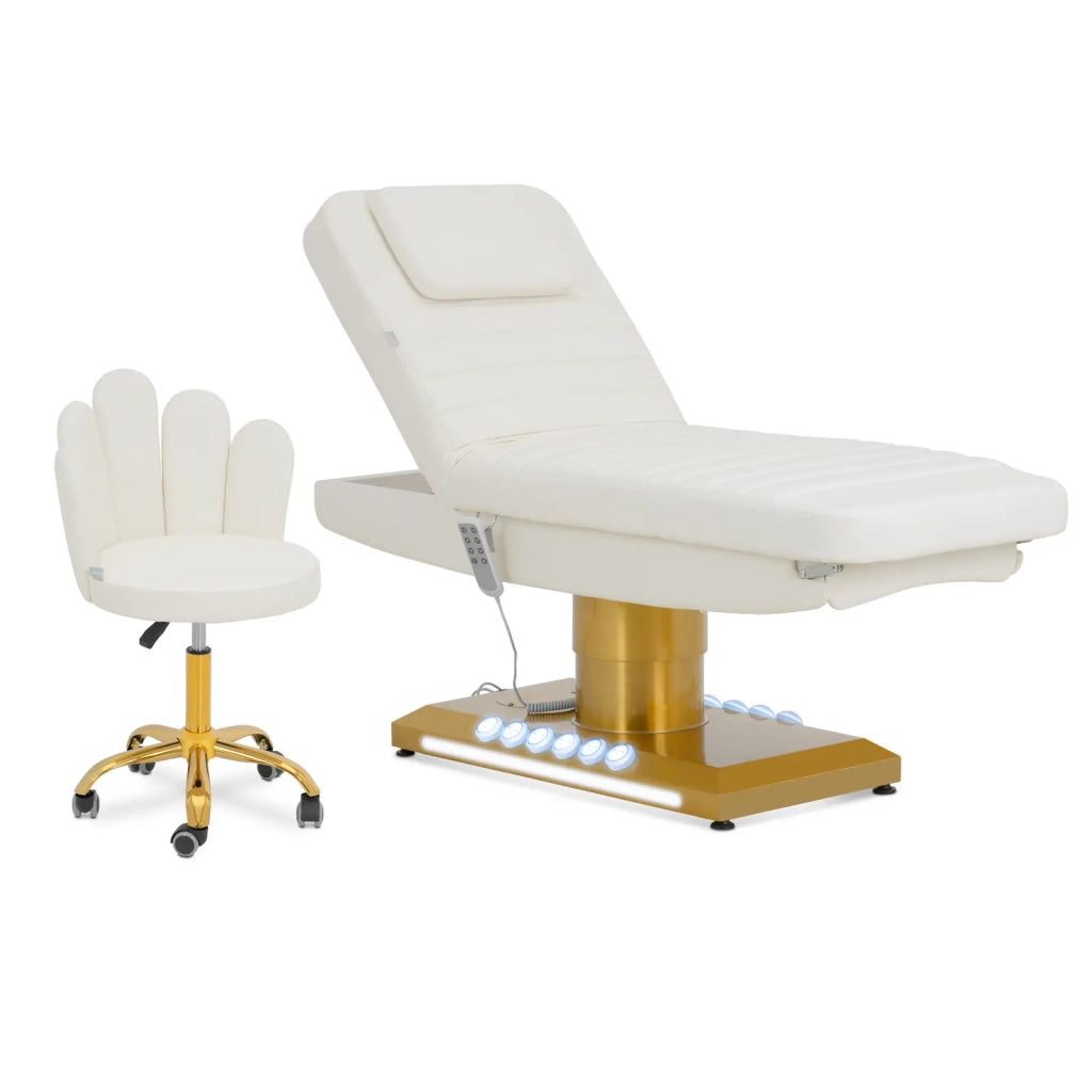 Lettino da massaggio elettrico e sgabello girevole con schienale portata 200 kg bianco/oro riscaldato oro/bianco 14_0010005