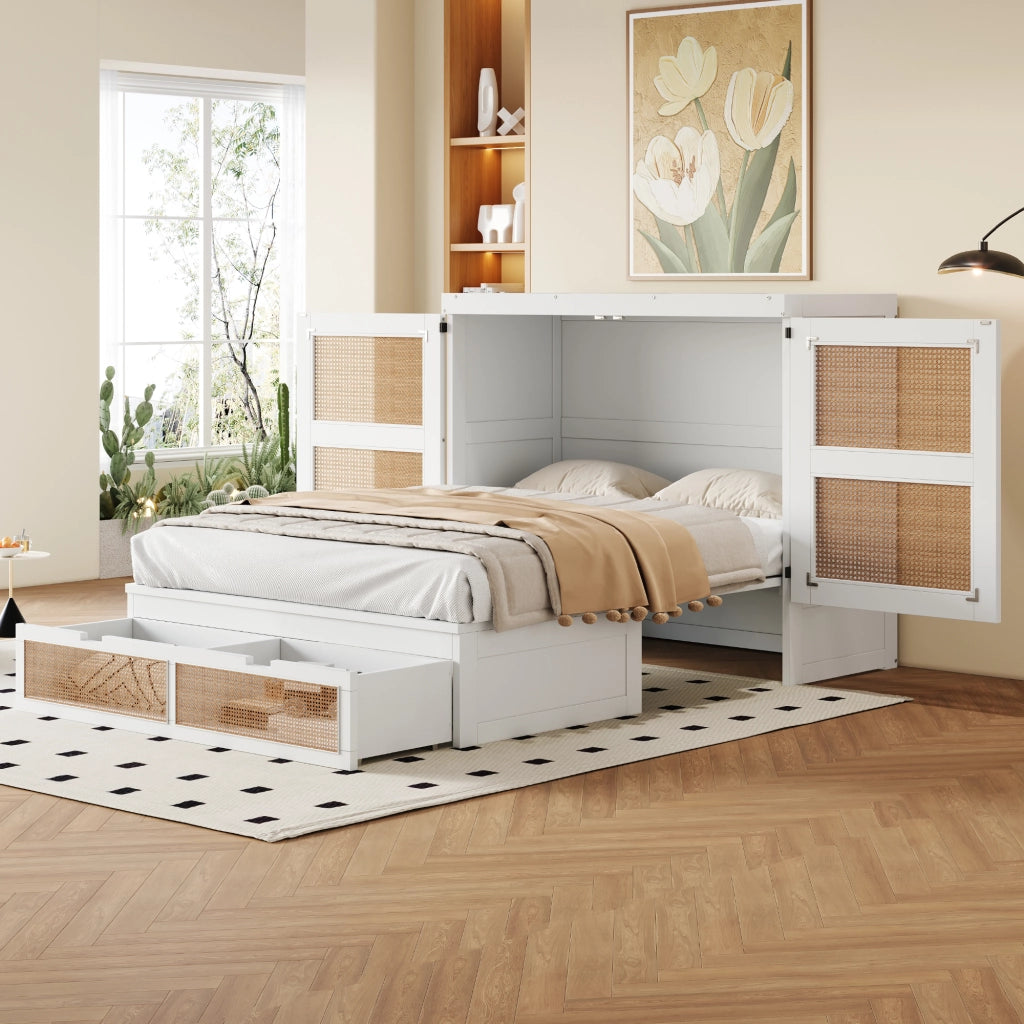 DESMIU Letto a scomparsa 2 posti con 2 cassetti, vano contenitore e ante 270°, 140 × 200 cm, senza materasso