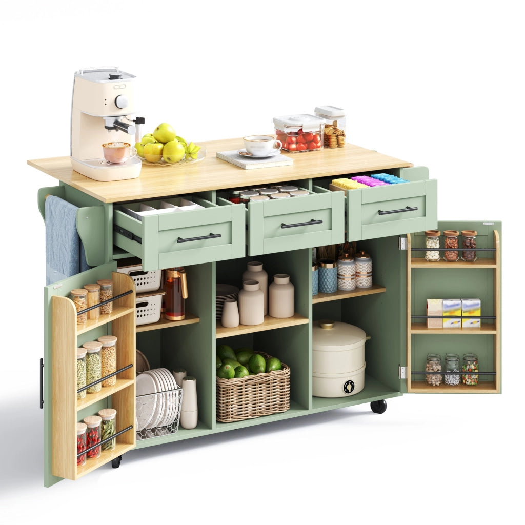 Carrello cucina con piano ribaltabile, contenitore interno e ruote, colore verde antico, 139x46(71)x91,5 cm