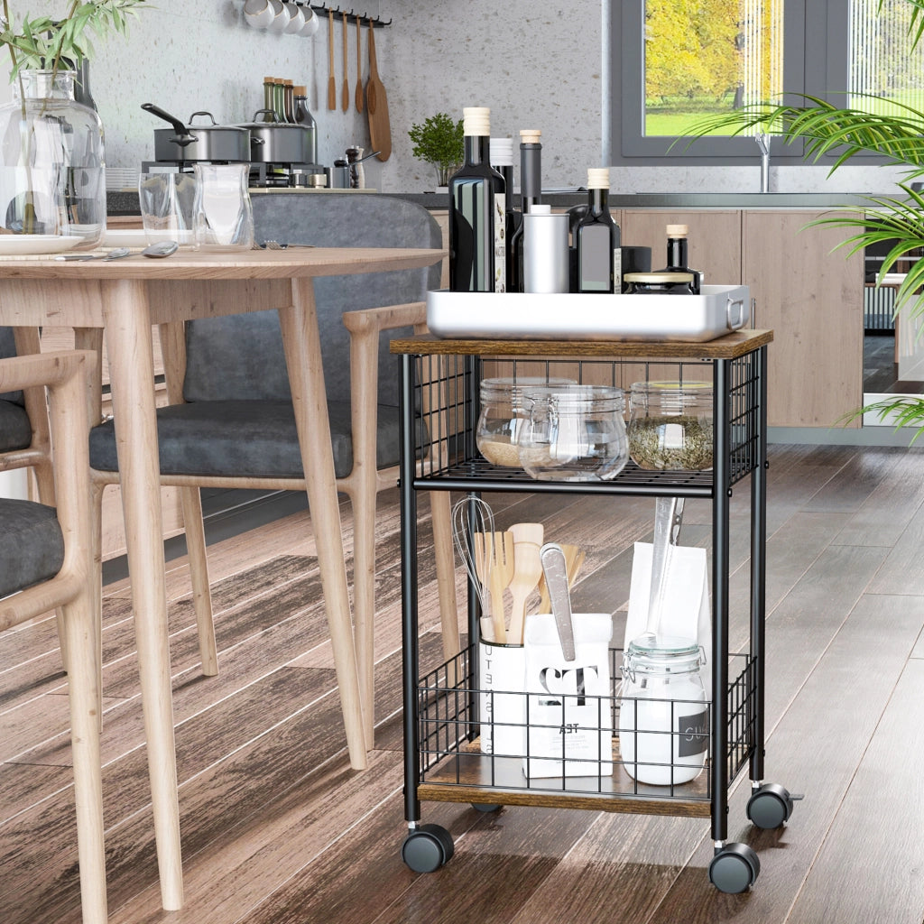 Carrello da cucina con cestino e scaffale 4 ruote ¨C zephmum ¨C 40x30x62 cm nero marrone