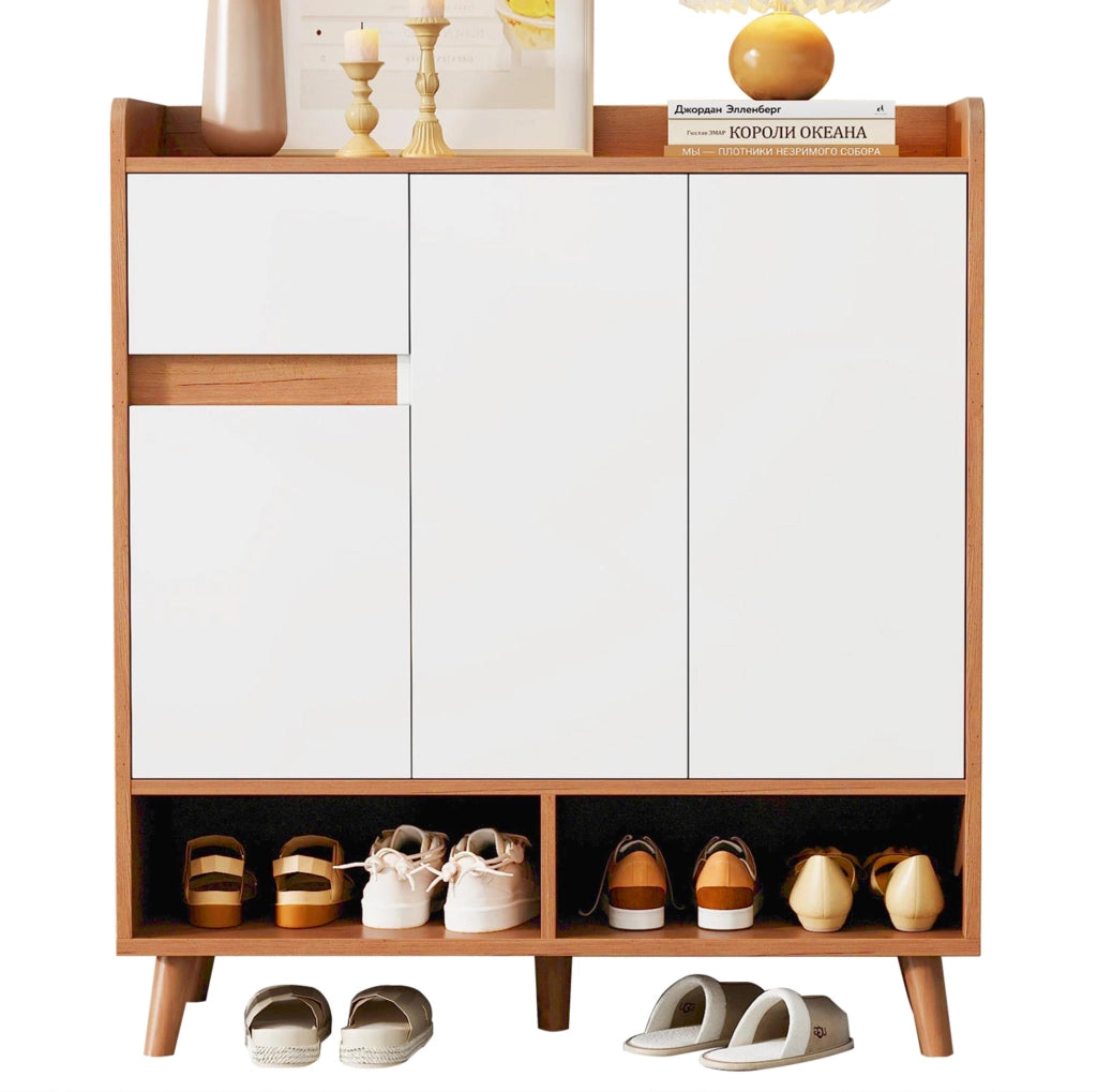 Mobile multiuso con ripiani regolabili 90x35x99 cm; bianco e naturale in truciolare