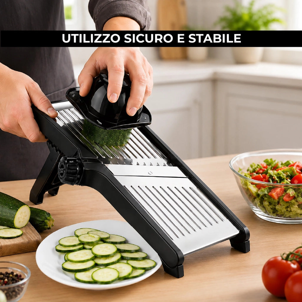 Mandolina Professionale in Acciaio Inox, Affettaverdure Regolabile da 1 a 9 mm con Taglio Julienne, Affettatrice Manuale Pieghevole con Salvamani e Piedini Antiscivolo