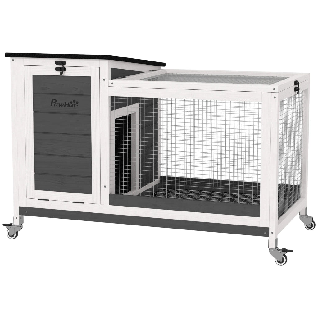 Conigliera 91x51x66 cm con Ruote in Legno di Abete Grigio Scuro e Bianco