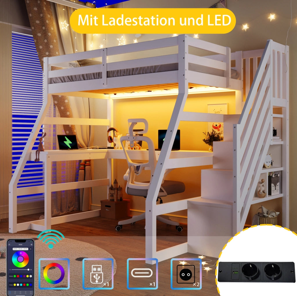 Letto a soppalco 90x200 cm con scrivania a L; scala con 3 vani e LED; bianco