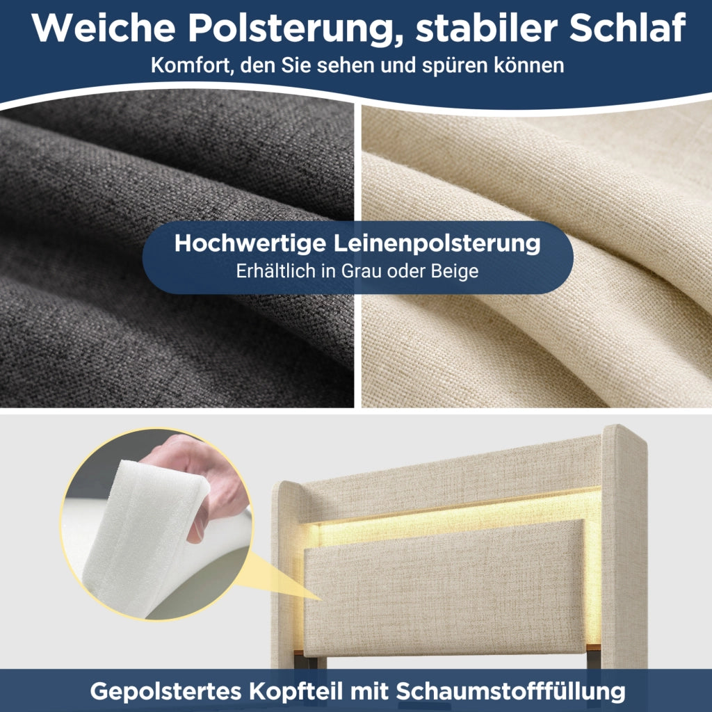 Letto imbottito 90x200 cm beige con LED, USB e vano contenitore