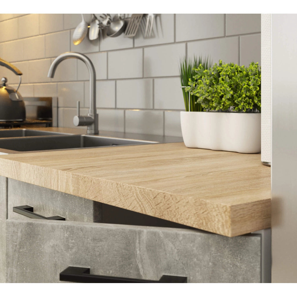 Set da cucina con vetrina AKORD OLIWIA 3,0 m Bianco 300 cm 11 ante 1 cassetto frontale Cemento 300×46×203 cm